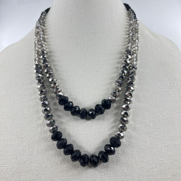 Ali Khan New York Two Strand Faceted Bead Necklace Black Silver Clear Acrylic - Picture 1 of 8